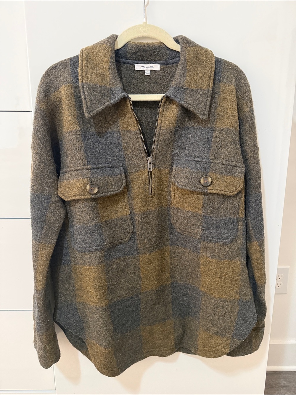 Madewell Gray and Olive Plaid Half-Zip Wool Shirt-Sweater